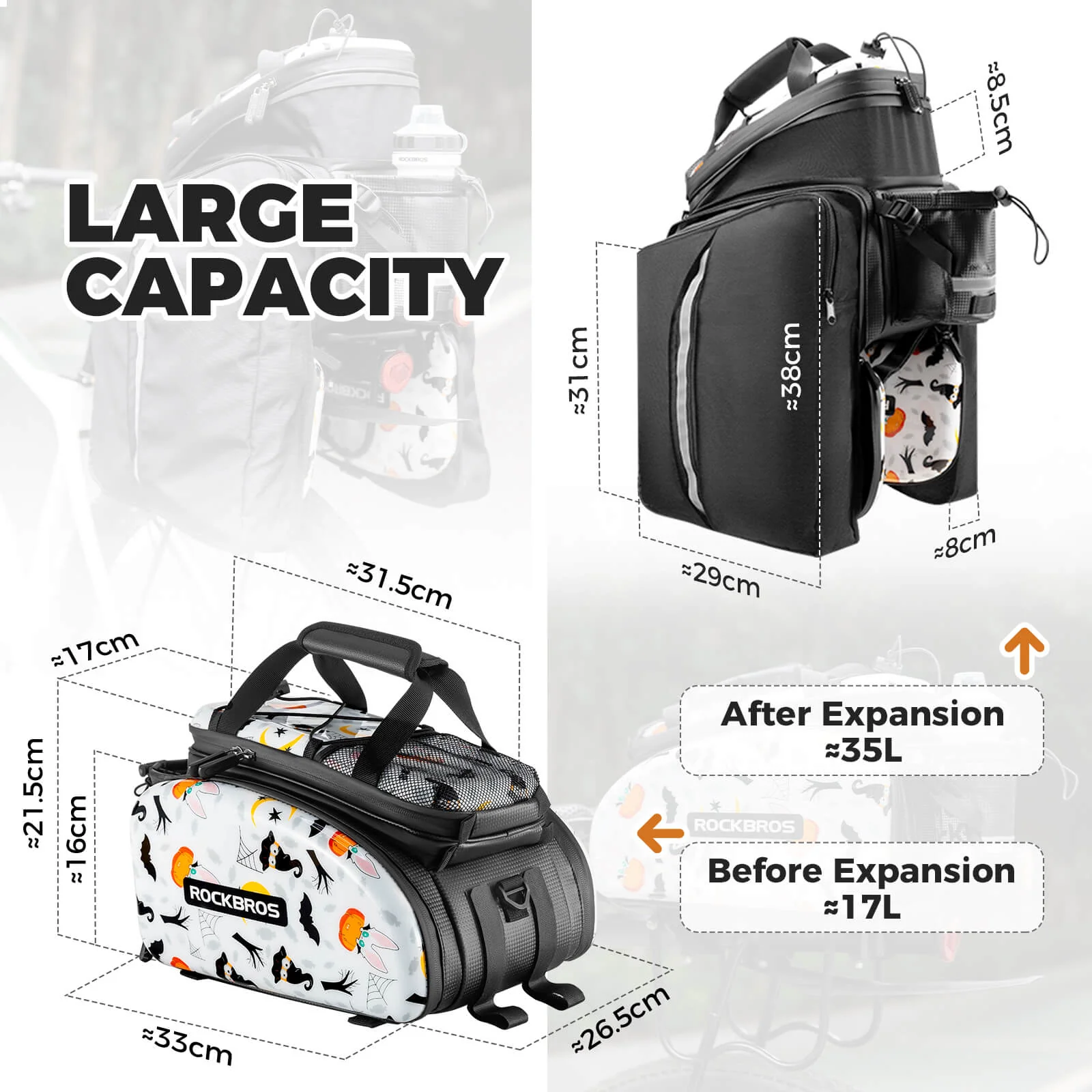 Halloween Bicycle Rear Rack Bag with Water Bottle Pocket - Image 2