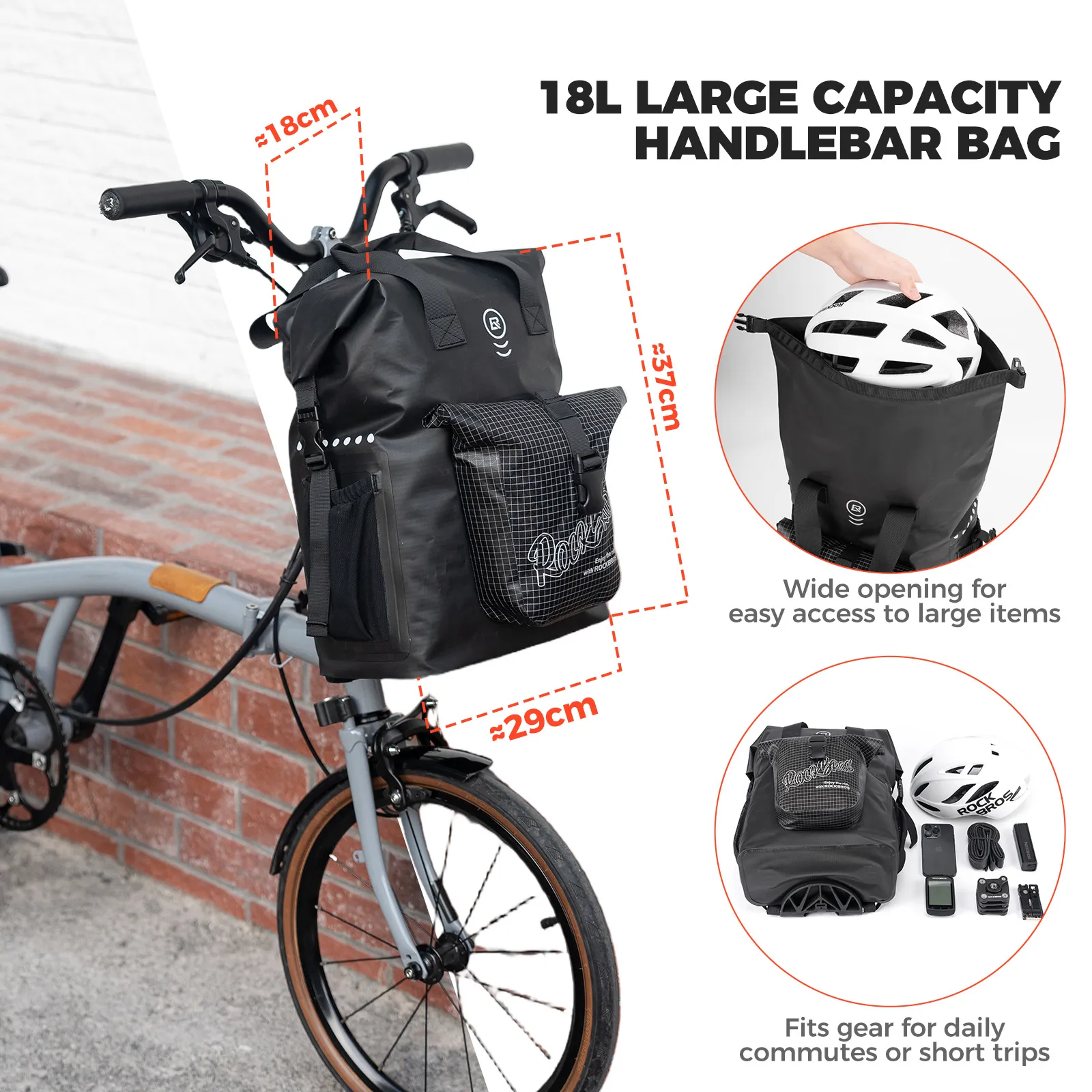 Nylon Folding Bike Handlebar Bag Roll Top Compact 18L - Image 2