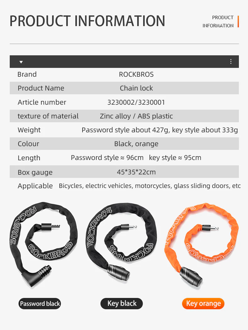 ROCKBROS Bicycle Bike Chain Lock Key Style 95cm - Image 5