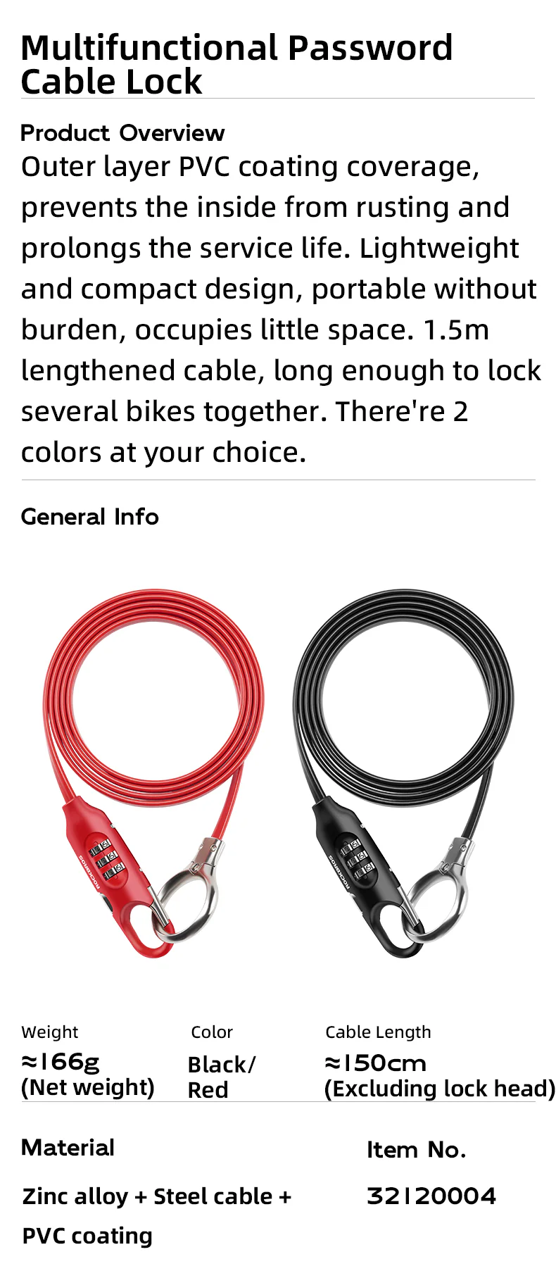 ROCKBROS Bicycle Bike Lock 3 Digit Code Combination Steel Cable Lock Anti-Theft Security - Image 9