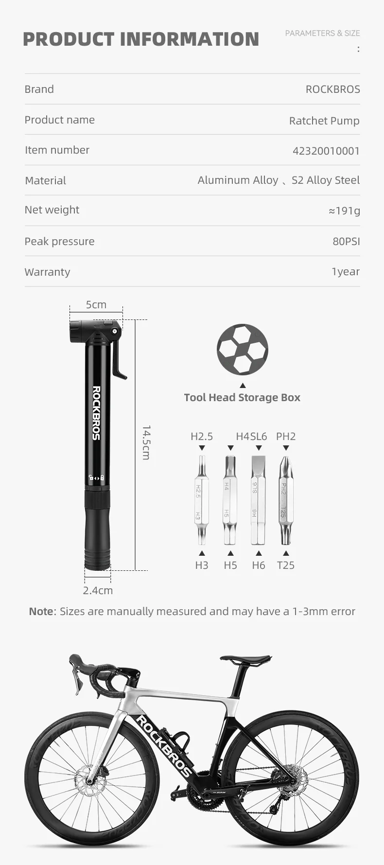 ROCKBROS Bicycle Bike Tire Pump 80PSI With Built-in Ratchet Tools - Image 10
