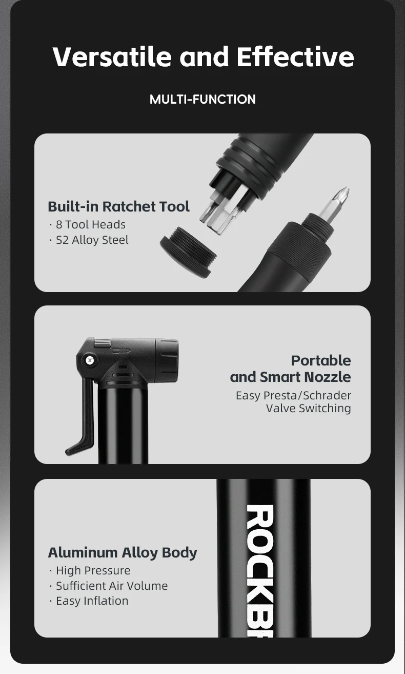 ROCKBROS Bicycle Bike Tire Pump 80PSI With Built-in Ratchet Tools - Image 9
