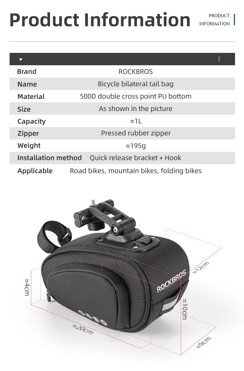 ROCKBROS Bike Saddle Bag Bike Bag Under Seat Bag Bicycle Seat Pack Pouch - Image 7