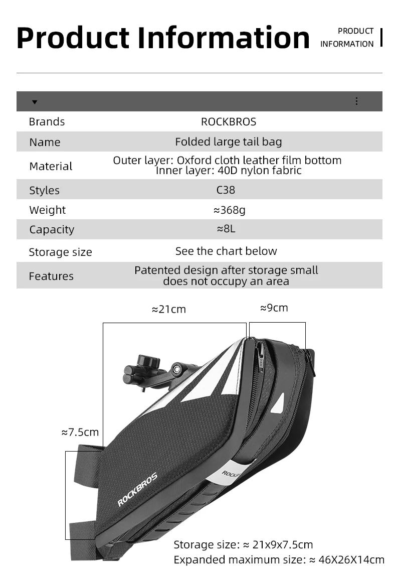 ROCKBROS Bike Saddle Bag Foldable 8L Waterproof Bicycle Seat Bag Tail Bag - Image 6