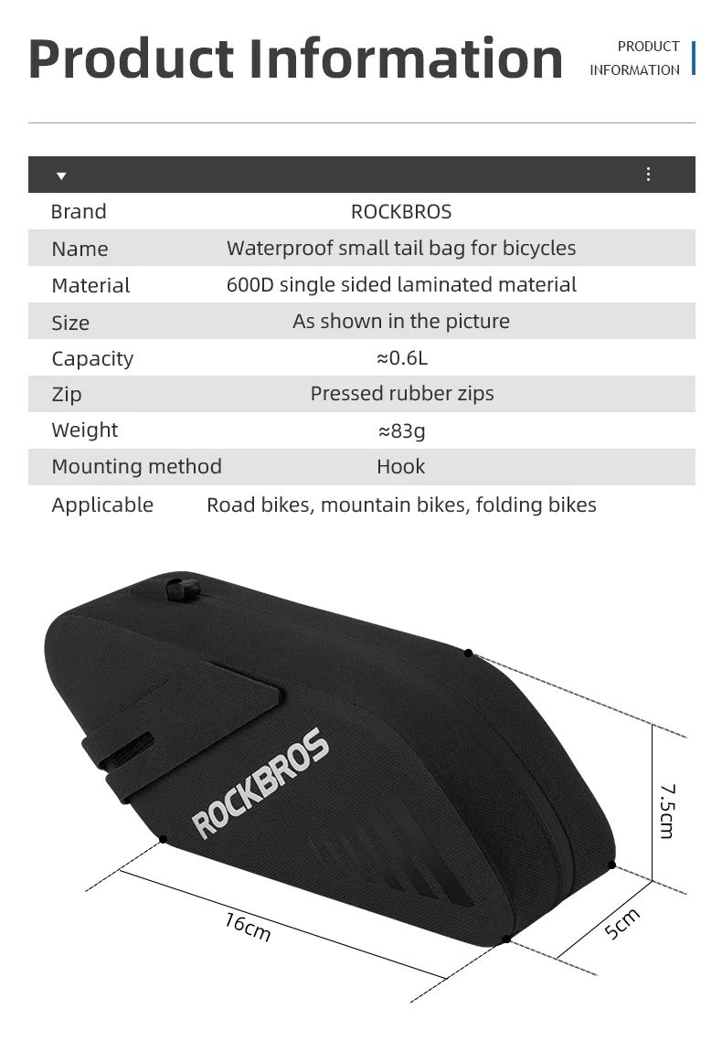 ROCKBROS Bike Saddle Bag Waterproof Bicycle Tail Bag Cycling Rear Bag 0.6L - Image 2