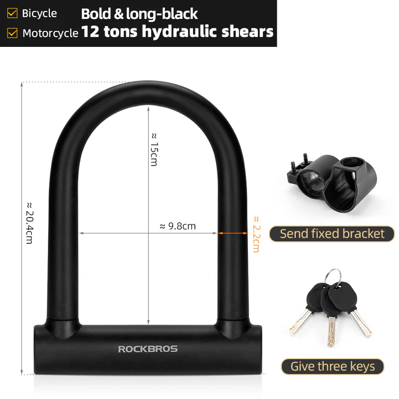 ROCKBROS Cycling Bicycle U Lock Anti-Theft Security Bike Cable Lock 3 Keys - Image 7