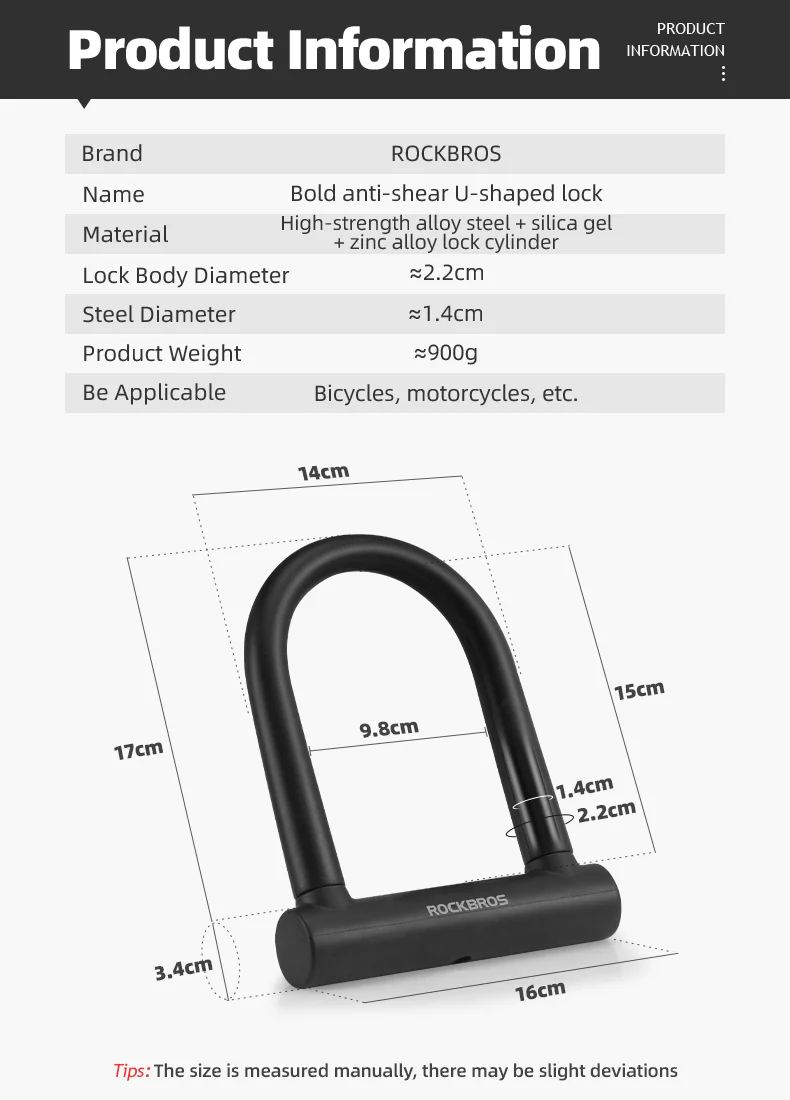 ROCKBROS Cycling Bicycle U Lock Anti-Theft Security Bike Cable Lock 3 Keys - Image 9