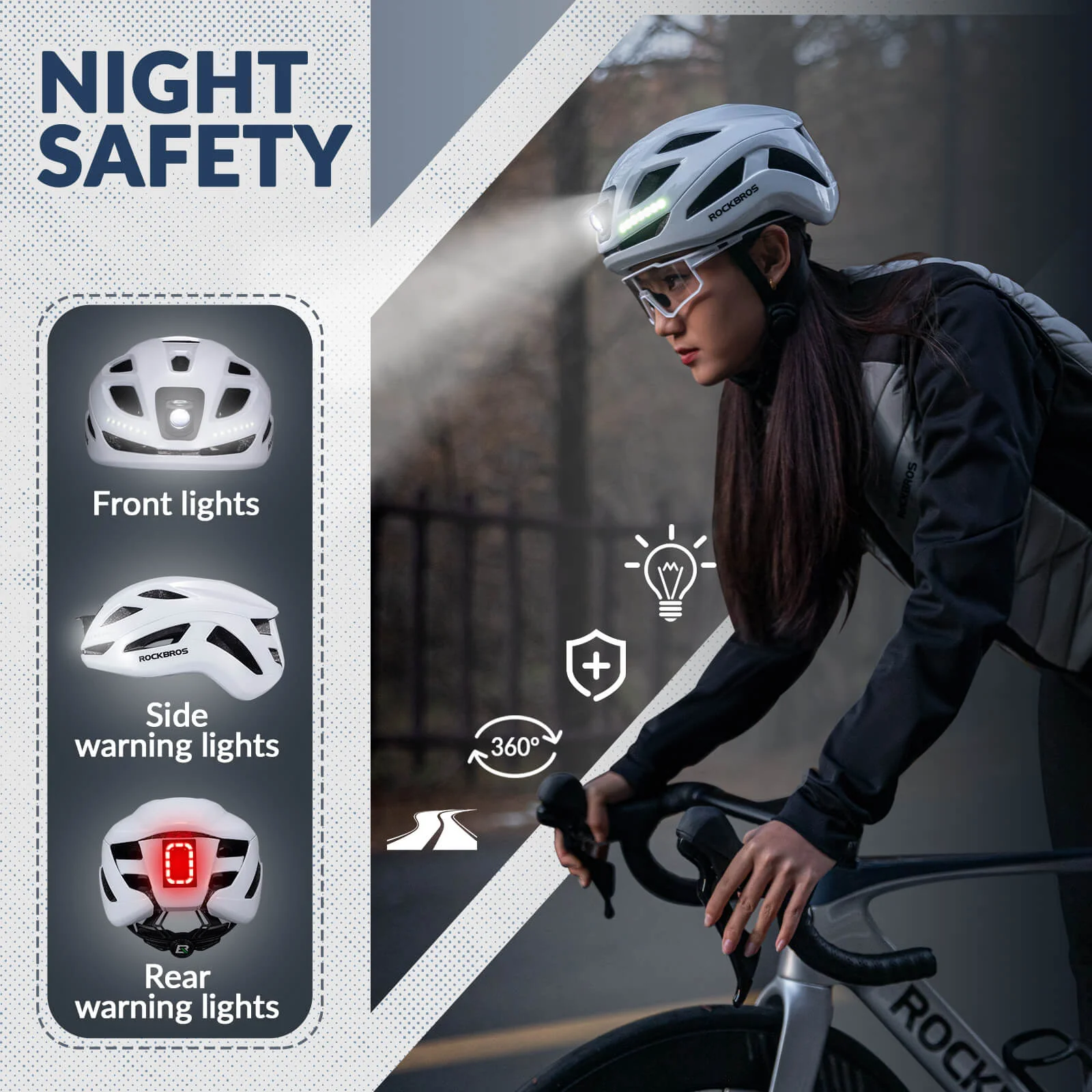 ROCKBROS Cycling Safety Helmet With Warning Lights USB-C Rechargeable - Image 16