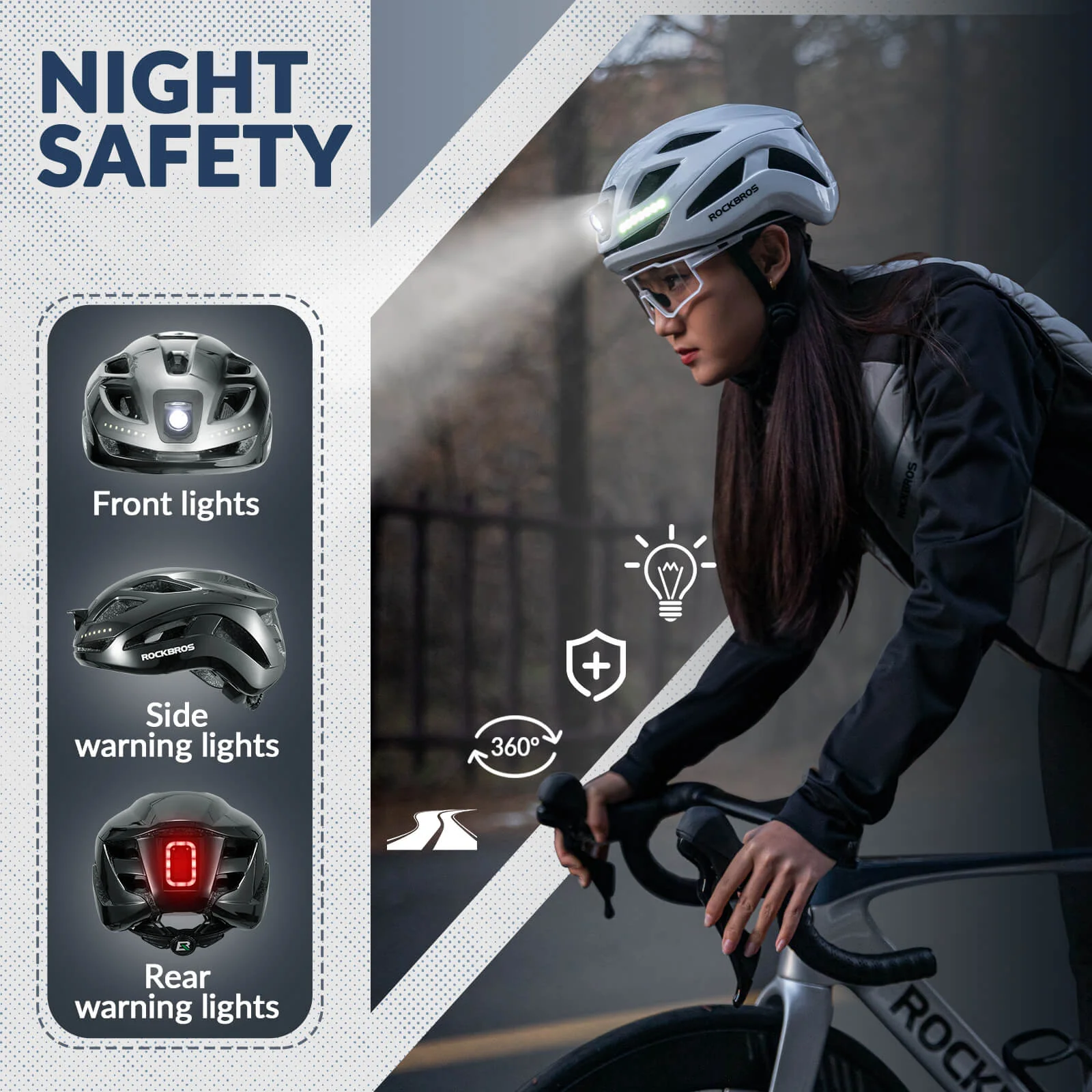 ROCKBROS Cycling Safety Helmet With Warning Lights USB-C Rechargeable - Image 23