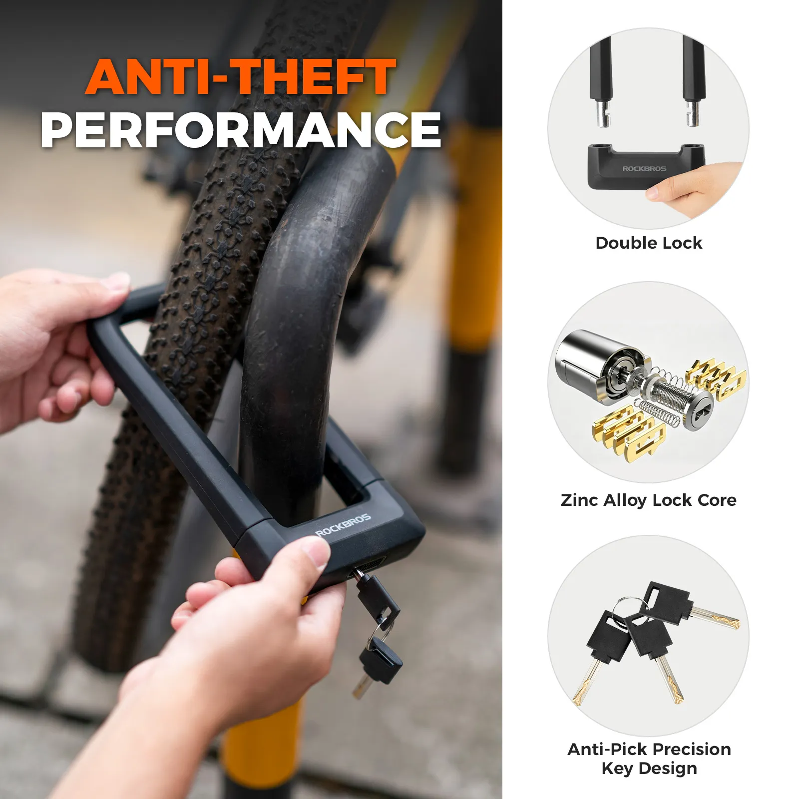 ROCKBROS Motorcycle Bicycle U-Lock Anti-Theft Thickened MTB Bike Lock Alloy Steel 3 Keys - Image 13