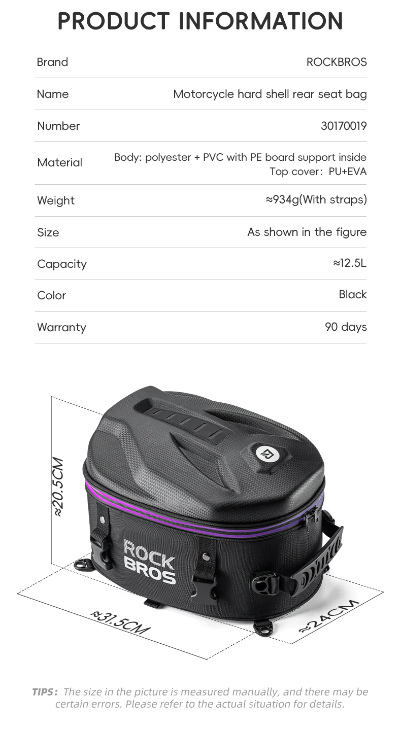 ROCKBROS Motorcycle Motorbike Saddle Seat Tail Bag Backpack Hard Shell 12.5L - Image 9