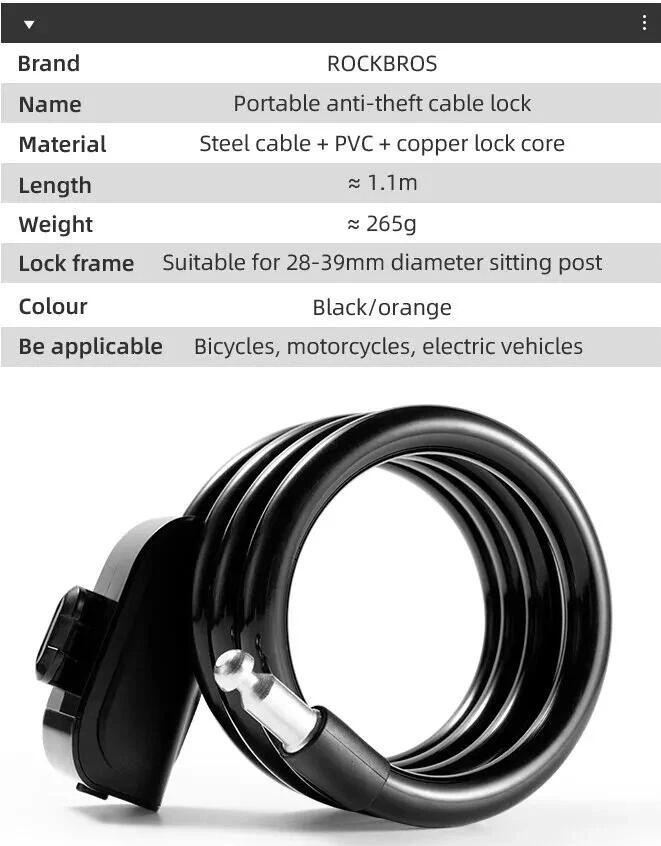 ROCKBROS MTB Bicycle Bike Cable Lock With Bracket 1.1M - Image 9