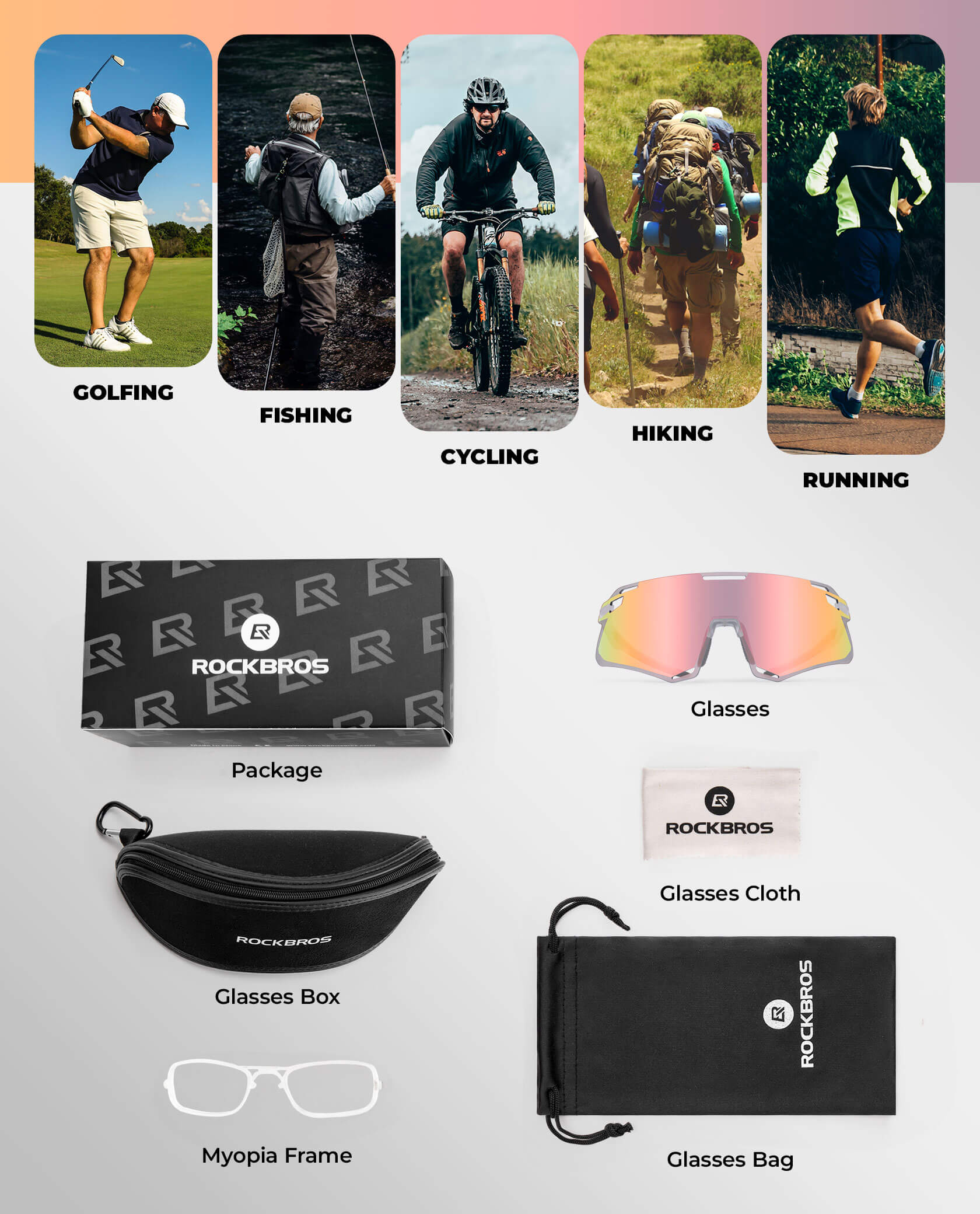 ROCKBROS Photochromic Cycling Sunglasses Golf Hiking Sports Glasses UV400 - Image 19