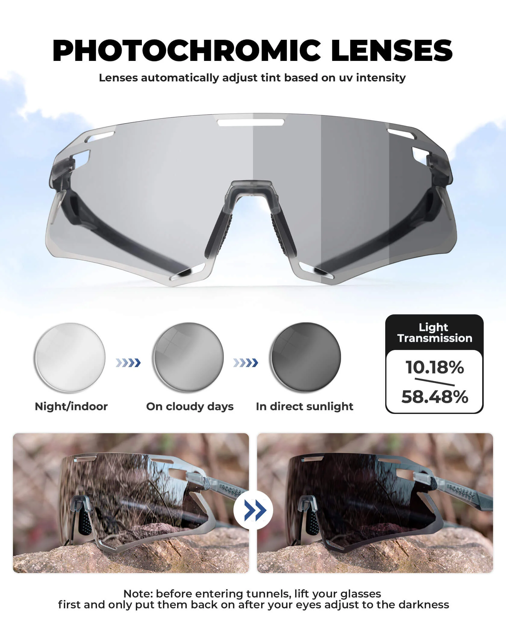 ROCKBROS Photochromic Cycling Sunglasses Golf Hiking Sports Glasses UV400 - Image 9