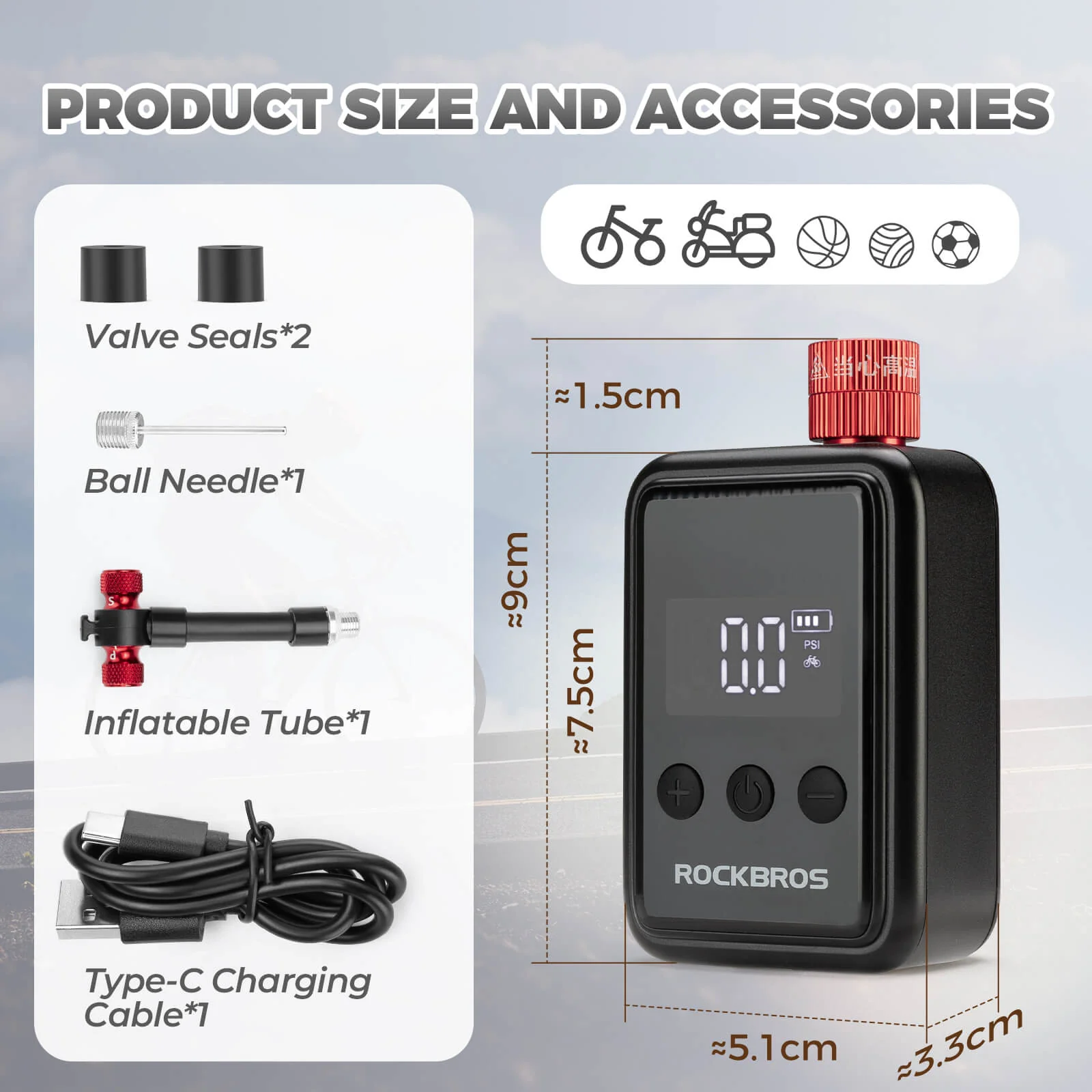 ROCKBROS Portable Electric Bicycle Bike Tire Ball Pump 150PSI LED Digital Gauge - Image 3